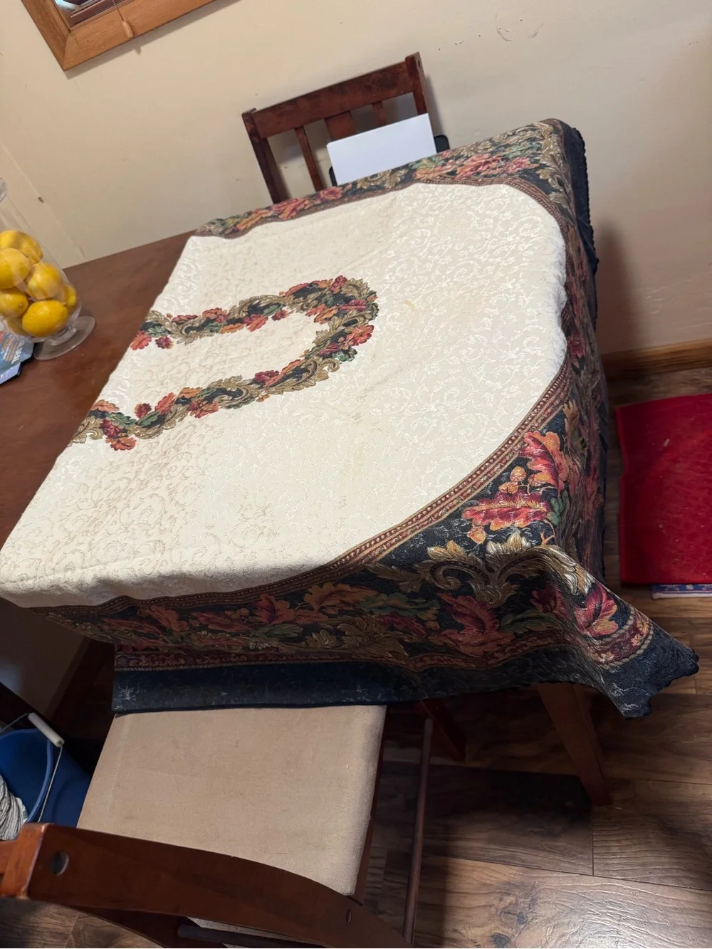 Oval Floral Jacquard Tablecloth in Cream and Multicolor with matching napkins